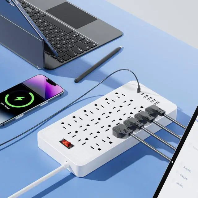 Alt view image 6 of 7 - 30-in-1 Power Strip with Overload Protection, 24 AC Outlets, 4 USB Ports, 2 Type-C Ports - Wall-Mountable, 5ft/10ft Extension Cord, Flat Plug, Ideal for Office, Home, Factory, School (White, 10FT)
