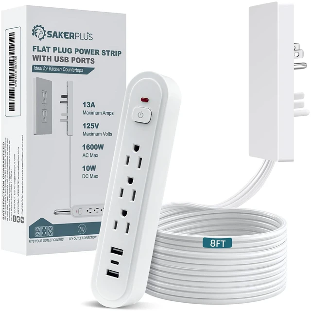 Main image of Outlet Concealer Power Strip-Outlet Cover Extender Outlets-8ft Flat Plug Extension Cord,Universal Size,1625W for Kitchen, Home and Office (8ft (Multi Ports,3 AC,2 USB&Type-C))