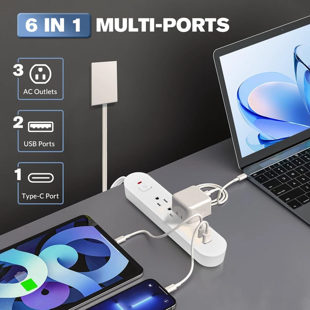 Alt view image 2 of 7 - Outlet Concealer Power Strip-Outlet Cover Extender Outlets-8ft Flat Plug Extension Cord,Universal Size,1625W for Kitchen, Home and Office (8ft (Multi Ports,3 AC,2 USB&Type-C))