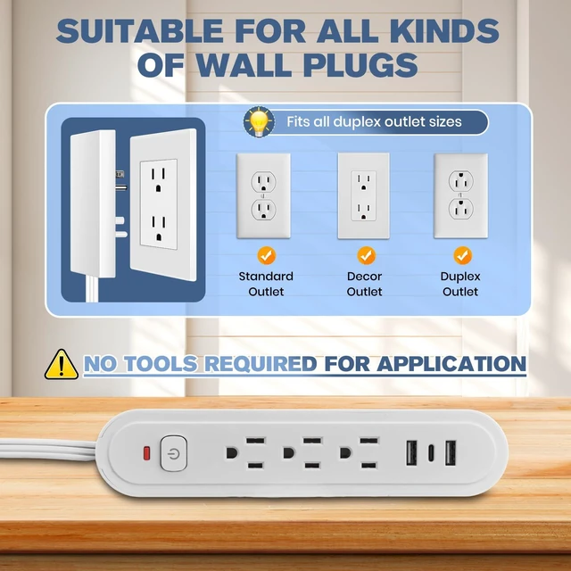 Alt view image 6 of 7 - Outlet Concealer Power Strip-Outlet Cover Extender Outlets-8ft Flat Plug Extension Cord,Universal Size,1625W for Kitchen, Home and Office (8ft (Multi Ports,3 AC,2 USB&Type-C))