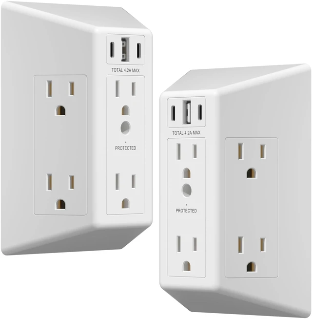 Main image of 6 Outlet Surge Protector Extender, 20W, Matte White, 2-Pack 1500 Joules, Multi Plug Wall Charger, UL Listed, Thermoplastic, Tough And Heat Resistant, Easy Installation