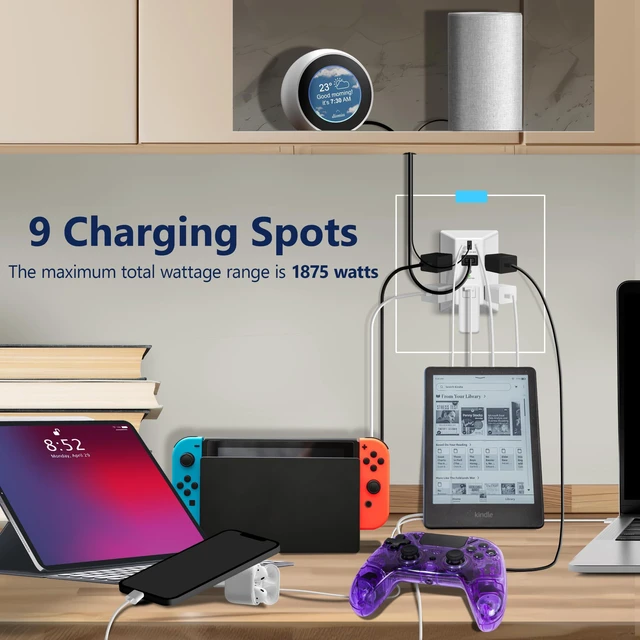 Alt view image 2 of 7 - 6 Outlet Surge Protector Extender, 20W, Matte White, 2-Pack 1500 Joules, Multi Plug Wall Charger, UL Listed, Thermoplastic, Tough And Heat Resistant, Easy Installation