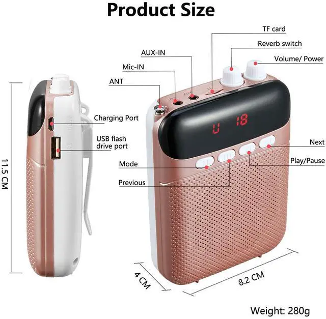 Alt view image 6 of 7 - Portable Voice Amplifier for Teachers with Bluetooth, 2400mAh Rechargeable Headset Microphone Amplifier and Waistand,Portable Meagaphone Speaker Mic for Teachers,Tour Guides,Classroom,Yoga(Rose)