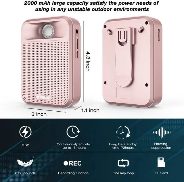 Alt view image 3 of 7 - Voice Amplifier, Rechargeable Microphone for Teachers, Portable Speaker with Headset and Waistband for Classroom, Singing, Coach, Training, Presentation, Tour Guide (Pink)