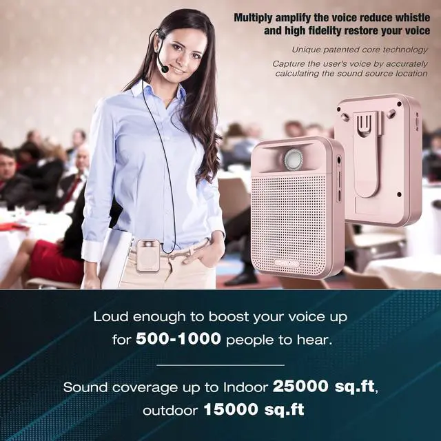 Alt view image 4 of 7 - Voice Amplifier, Rechargeable Microphone for Teachers, Portable Speaker with Headset and Waistband for Classroom, Singing, Coach, Training, Presentation, Tour Guide (Pink)