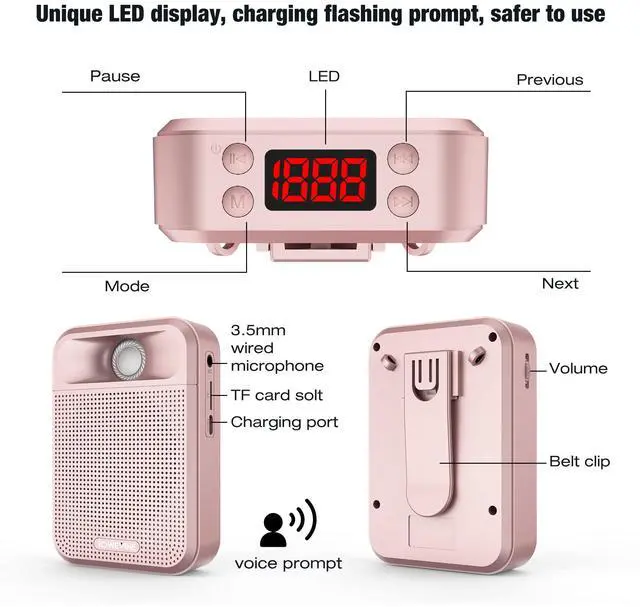 Alt view image 5 of 7 - Voice Amplifier, Rechargeable Microphone for Teachers, Portable Speaker with Headset and Waistband for Classroom, Singing, Coach, Training, Presentation, Tour Guide (Pink)