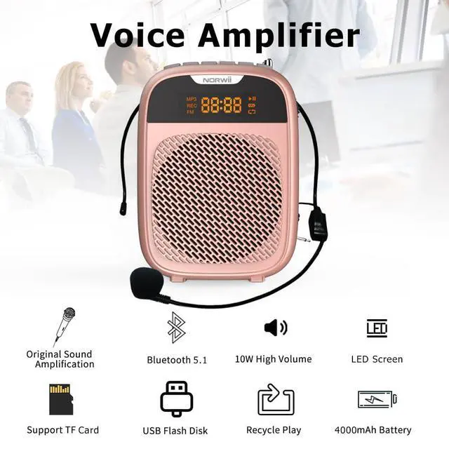 Alt view image 3 of 7 - Mini Voice Amplifier Portable Rechargeable Bluetooth Speaker 4000mAh with Wired Microphone Headset PA System Personal Voice Amplifier for Teachers, Tour Guides, Meeting, Coaches (Rose Gold)