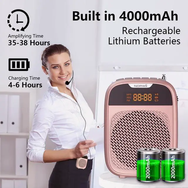 Alt view image 4 of 7 - Mini Voice Amplifier Portable Rechargeable Bluetooth Speaker 4000mAh with Wired Microphone Headset PA System Personal Voice Amplifier for Teachers, Tour Guides, Meeting, Coaches (Rose Gold)