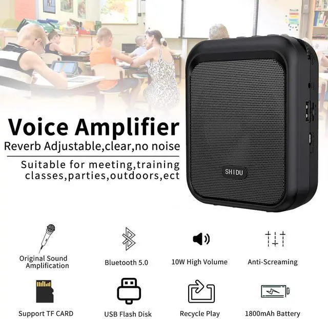 Alt view image 2 of 7 - Mini Voice Amplifier Portable Rechargeable Bluetooth Speaker with Wired Microphone Headset 10W 1800mAh PA system Supports MP3 Format Audio for Teacher, Taxi Driver, Coaches, Training, Tour Guide