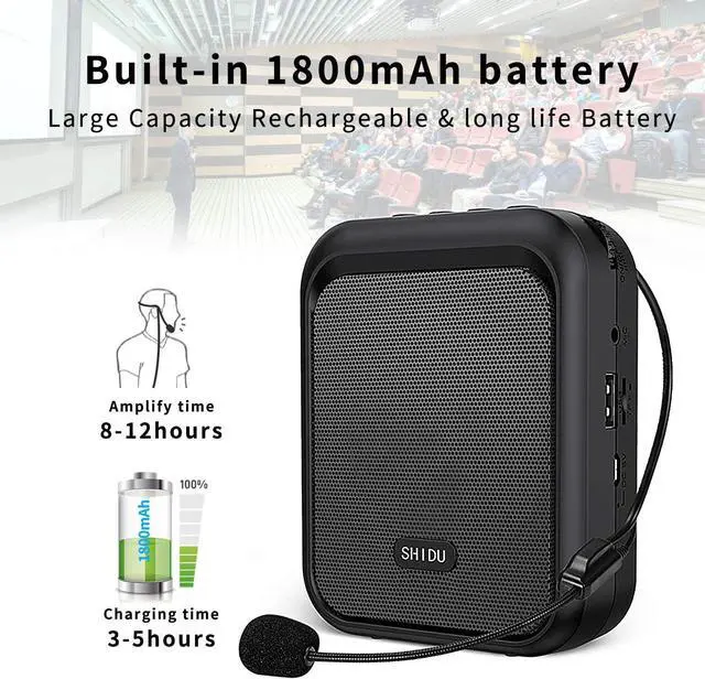 Alt view image 4 of 7 - Mini Voice Amplifier Portable Rechargeable Bluetooth Speaker with Wired Microphone Headset 10W 1800mAh PA system Supports MP3 Format Audio for Teacher, Taxi Driver, Coaches, Training, Tour Guide