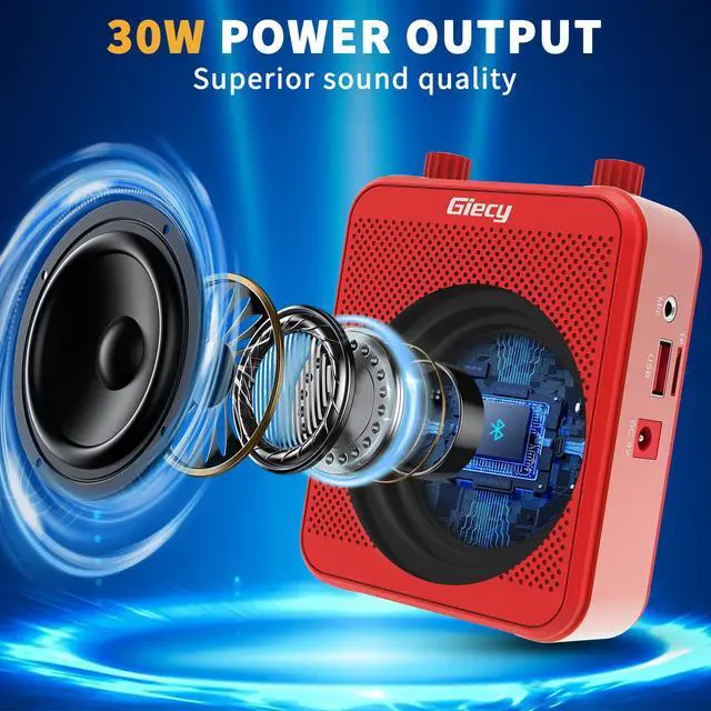 Alt view image 2 of 7 - Voice Amplifier, Giecy 30W 2800mAh Rechargeable Personal Voice Amplifier with Microphone Headset, Portable Speaker for Multiple Locations Classroom, Meetings and Outdoors (G300-Red)