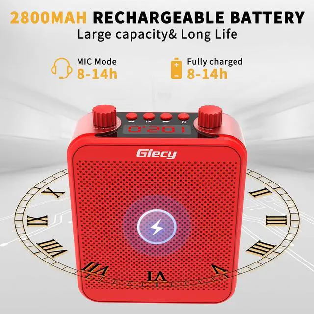 Alt view image 3 of 7 - Voice Amplifier, Giecy 30W 2800mAh Rechargeable Personal Voice Amplifier with Microphone Headset, Portable Speaker for Multiple Locations Classroom, Meetings and Outdoors (G300-Red)