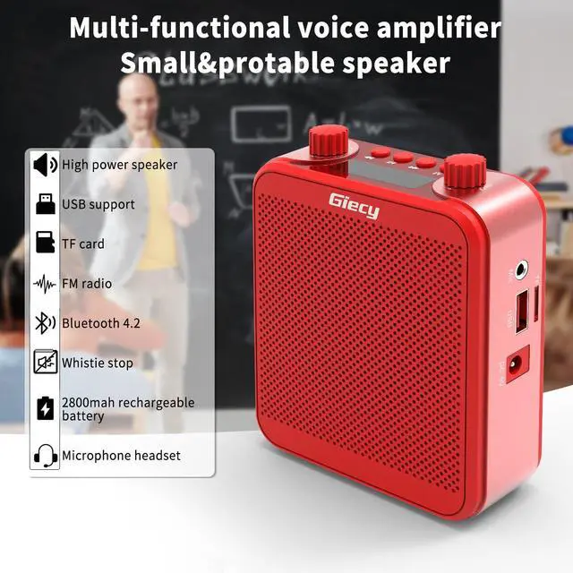 Alt view image 4 of 7 - Voice Amplifier, Giecy 30W 2800mAh Rechargeable Personal Voice Amplifier with Microphone Headset, Portable Speaker for Multiple Locations Classroom, Meetings and Outdoors (G300-Red)