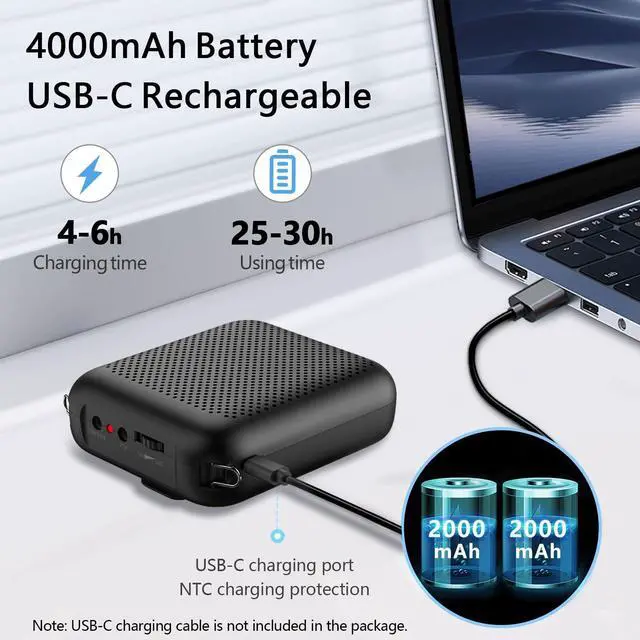 Alt view image 4 of 7 - Bluetooth Voice Amplifier, Power Amplifiers, Portable Mini Wired Microphone Headset for Teacher Classroom & Outdoor Lectures, Teaching, Tour Guides, USB-C Rechargeable - 4000mAh, Black