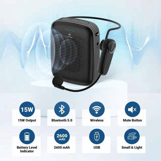Alt view image 3 of 7 - Wireless Bluetooth Voice Amplifier for Teachers 15W Portable Mini Amplifier Speaker with Wireless Microphone Headset, Personal Mic for Classroom, Teaching, Training & Public Speaking A002