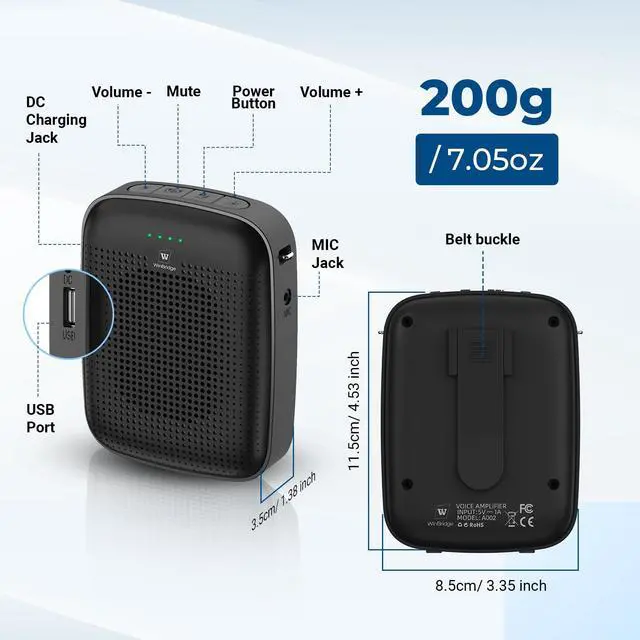 Alt view image 5 of 7 - Wireless Bluetooth Voice Amplifier for Teachers 15W Portable Mini Amplifier Speaker with Wireless Microphone Headset, Personal Mic for Classroom, Teaching, Training & Public Speaking A002