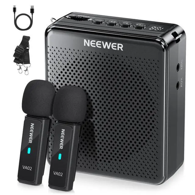 Main image of VA02 Voice Amplifier with Wireless Microphone, Portable Mini USB C Rechargeable Noise Cancelling Sound Speaker Megaphone & Mic Set, 10Hrs, 15m Range for Classroom Teachers Trainers Tour Guides