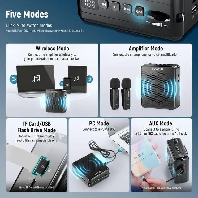 Alt view image 3 of 7 - VA02 Voice Amplifier with Wireless Microphone, Portable Mini USB C Rechargeable Noise Cancelling Sound Speaker Megaphone & Mic Set, 10Hrs, 15m Range for Classroom Teachers Trainers Tour Guides