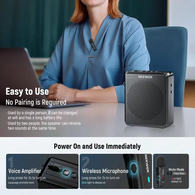 Alt view image 2 of 7 - VA02 Voice Amplifier with Wireless Microphone, Portable Mini USB C Rechargeable Noise Cancelling Sound Speaker Megaphone & Mic Set, 10Hrs, 15m Range for Classroom Teachers Trainers Tour Guides
