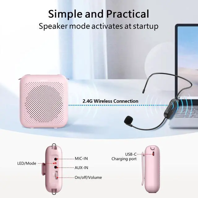 Alt view image 7 of 7 - Wireless Voice Amplifier for Teachers, Portable Bluetooth Amplifier with 2 Headset Microphone, Microphone with Speaker Mini Megaphone PA System for Classroom, Tour Guides, Speaking, 15W|5200mAh