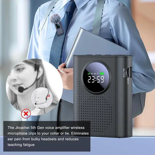 Alt view image 2 of 7 - Bluetooth Voice Amplifier for Teachers W Magnetic Wireless Lapel Microphone, 15W Mini Megaphone for Classroom, Portable Speaker PA System for Speech, Elderly, Yoga, Tour Guide