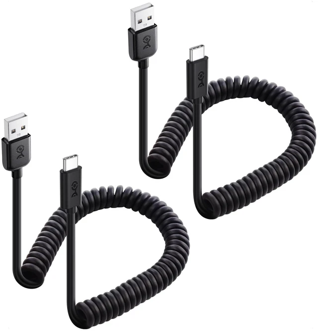 Main image of 2-Pack USB to USB C Coiled Cable, 3A/15W, 1-4ft | Supports Apple CarPlay and Android Auto, for iPhone 17/16, Galaxy S23, iPad, Coiled USB A to USB C Cable
