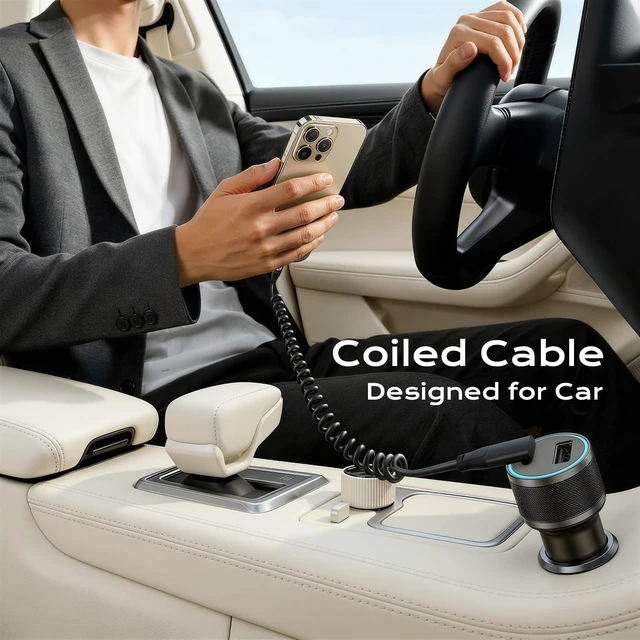 Alt view image 2 of 7 - Coiled USB C to USB C Cable 90 Degree 1FT 2Pack, USBC 3.2 Gen 2 Cable | 20Gbps Short USBC Data Cable, 4K Video & 100W Type C Car Charger Cord for Android Auto & CarPlay, for iPhone 17, Galaxy S26