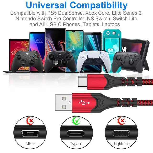 Alt view image 7 of 7 - PS5 Controller Charger Charging Cable 2 Pack 10FT Type C to USB A Data Cord High Speed Sync Wire for PlayStation 5 DualSense, Xbox Series S X Core, Elite Series 2, NS Switch Lite, Pro Controller