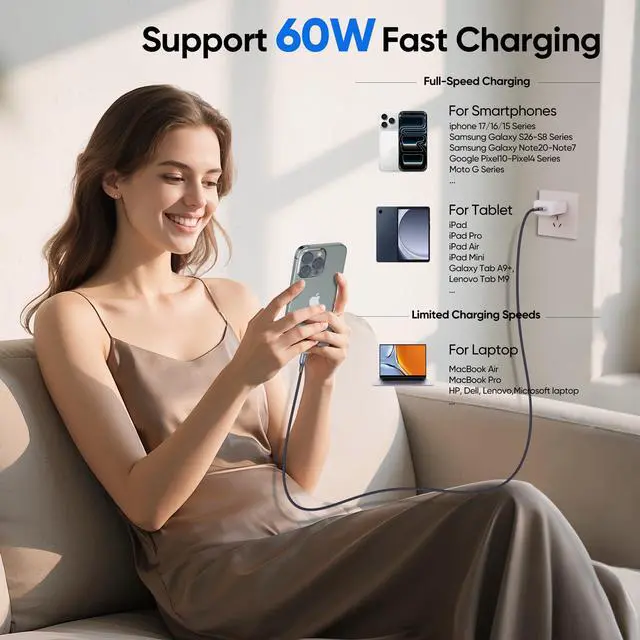 Alt view image 3 of 7 - USB C to USB C Data Cable 20ft Extra Long 5Gbps High Speed Transfer 60W Fast Charging USB 3.1 Type C Cord, 20-Foot Braided for iPhone 17-15 Galaxy S25-S8 PS5 iPad Laptop