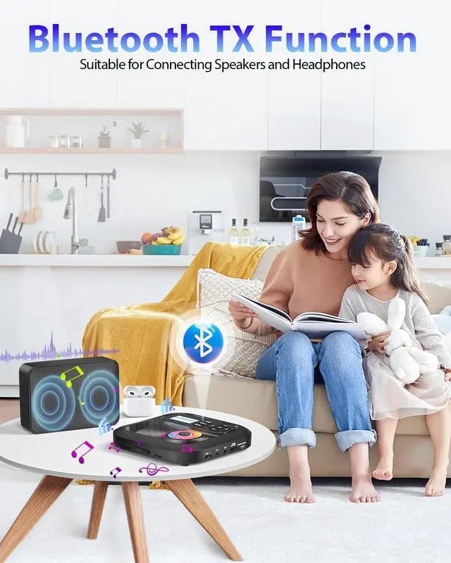 Alt view image 2 of 7 - Bluetooth CD Player Portable with FM Transmitter and Dual Speakers | Rechargeable, Anti-Skip with Headphones and AUX Use for Car, Travel, Home