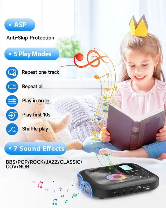 Alt view image 6 of 7 - Bluetooth CD Player Portable with FM Transmitter and Dual Speakers | Rechargeable, Anti-Skip with Headphones and AUX Use for Car, Travel, Home