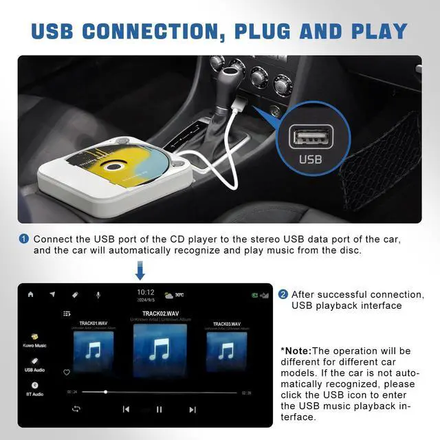 Alt view image 3 of 7 - CD Player for Car, External USB AUX Disc Drive Plug & Play for Vehicles Without Built-in Player, Portable CD Player for Car Stereo, Laptop & Smart TV, Anti-Skip