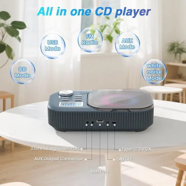 Alt view image 4 of 7 - CD Player Portable,MONODEAL White Noise Portable CD Player with Bluetooth/Dual Stereo Speakers,Support FM Radio/USB/AUX,Remote Control,4000mAh Rechargeable CD Players for Car/Home Navy Blue