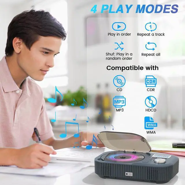 Alt view image 6 of 7 - CD Player Portable,MONODEAL White Noise Portable CD Player with Bluetooth/Dual Stereo Speakers,Support FM Radio/USB/AUX,Remote Control,4000mAh Rechargeable CD Players for Car/Home Navy Blue