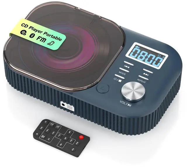 Main image of CD Player Portable,MONODEAL White Noise Portable CD Player with Bluetooth/Dual Stereo Speakers,Support FM Radio/USB/AUX,Remote Control,4000mAh Rechargeable CD Players for Car/Home Navy Blue
