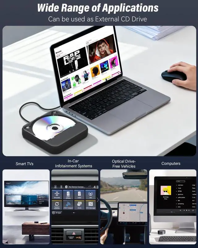 Alt view image 6 of 7 - CD Player for Car,MONODEAL External Portable Car CD Players with AUX Cable & Remote Control,Universal USB CD Player for Vehicle,Laptop,TV,Computer,for Android 4.4 and Above Navigation