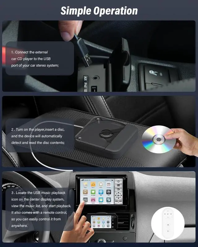 Alt view image 7 of 7 - CD Player for Car,MONODEAL External Portable Car CD Players with AUX Cable & Remote Control,Universal USB CD Player for Vehicle,Laptop,TV,Computer,for Android 4.4 and Above Navigation