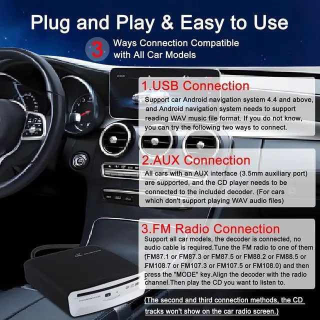 Alt view image 3 of 7 - USB External CD Player for Car, Portable Plug & Play CD Drive with AUX Cable, Universal Car CD Player Compatible with Android Car Stereo, Laptop & Desktop Computer TV