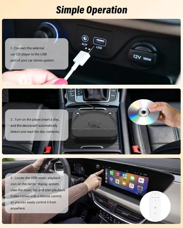 Alt view image 6 of 7 - CD Player for Car with USB/AUX Port | External CD Player with Remote Control & Anti-Skip,Plug & Play for Vehicle, Compatible with Car, Laptop, TV, Computer