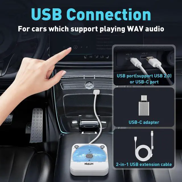 Alt view image 3 of 7 - Portable Car CD Player with USB/AUX Port, External CD Player | Compatible with Car Radio Stereo,Laptop,TV,Computer, Universal for Vehicle,Supported CD/CD-MP3/CD-RW/CD-R/CD-WAV