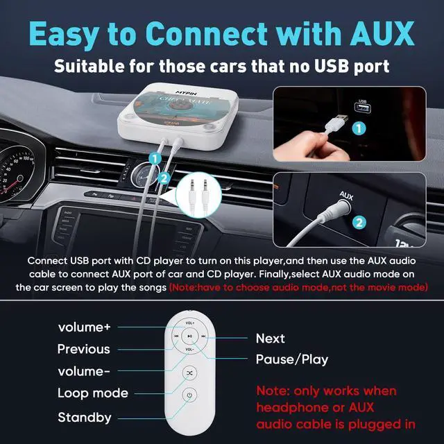 Alt view image 4 of 7 - Portable Car CD Player with USB/AUX Port, External CD Player | Compatible with Car Radio Stereo,Laptop,TV,Computer, Universal for Vehicle,Supported CD/CD-MP3/CD-RW/CD-R/CD-WAV