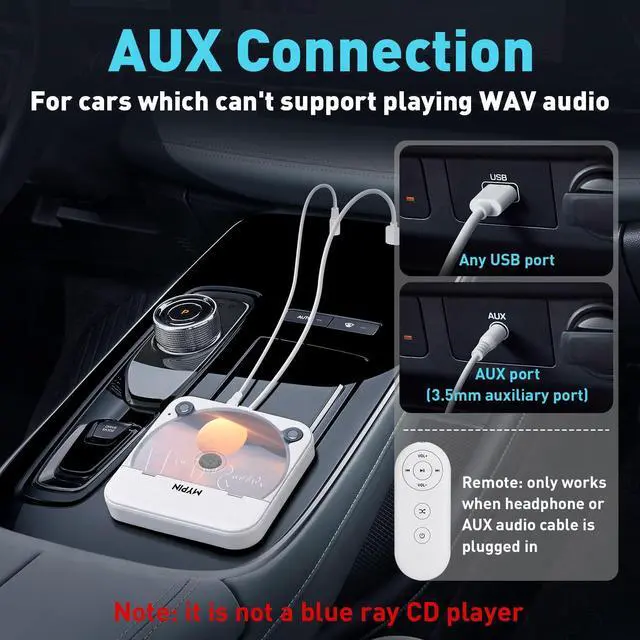 Alt view image 2 of 7 - Portable Car CD Player with USB/AUX Port, External CD Player | Compatible with Car Radio Stereo,Laptop,TV,Computer, Universal for Vehicle,Supported CD/CD-MP3/CD-RW/CD-R/CD-WAV