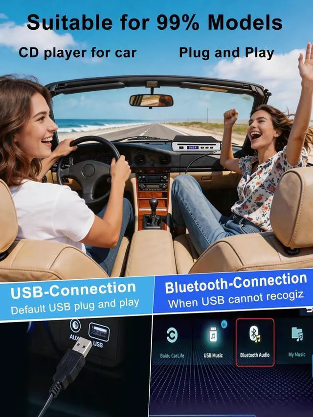 Alt view image 2 of 7 - CD Player for Car Audio,External Portable Car CD Player with Bluetooth and USB Connection,for Laptop Desktop TV Computer Android 4.4 and Above Navigation with Plug and Play