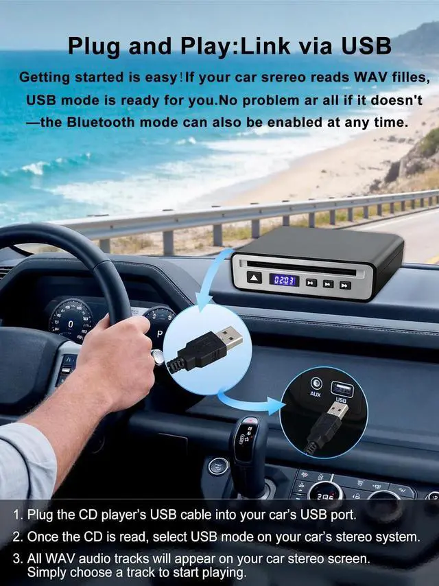 Alt view image 3 of 7 - CD Player for Car Audio,External Portable Car CD Player with Bluetooth and USB Connection,for Laptop Desktop TV Computer Android 4.4 and Above Navigation with Plug and Play