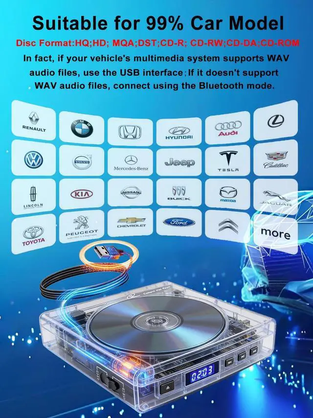Alt view image 5 of 7 - CD Player for Car Audio,External Portable Car CD Player with Bluetooth and USB Connection,for Laptop Desktop TV Computer Android 4.4 and Above Navigation with Plug and Play