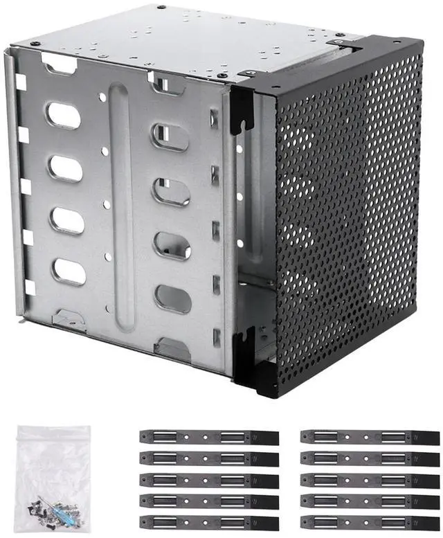 Main image of Hard Drive Rack, 5.25" to 5X 3.5 Drive Tray with Fan Space, Detachable Galvanized Steel & ABS Construction, DIY-Friendly with Cooling Fan Slot, Includes Rails & Screwdriver