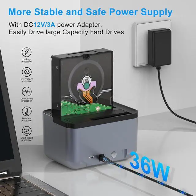 Alt view image 3 of 5 - Hard Drive Docking Station to USB 3.0 Type C,Dual Bay Hard Drive Dock for SATA 2.5/3.5 inch HDDs/SSDs with LED Indicator,Support Offline Clone/Duplicator 2 * 18TB Grey