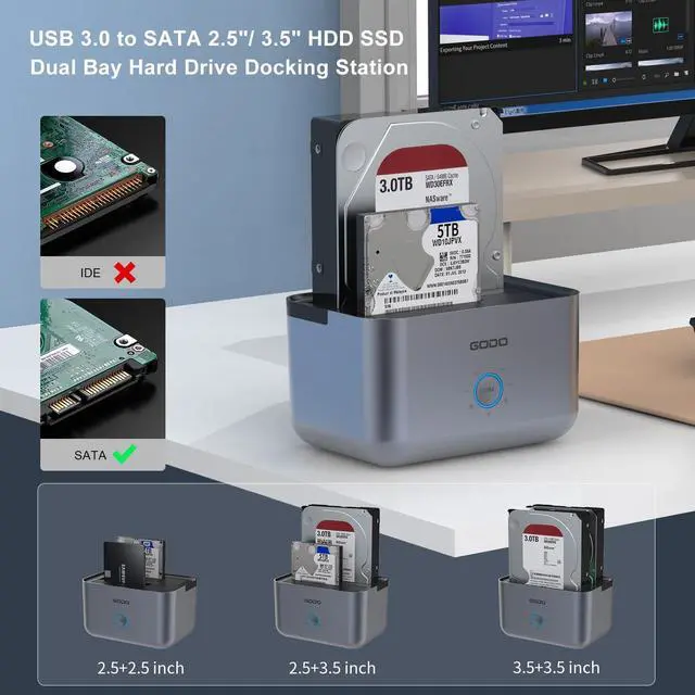 Alt view image 4 of 5 - Hard Drive Docking Station to USB 3.0 Type C,Dual Bay Hard Drive Dock for SATA 2.5/3.5 inch HDDs/SSDs with LED Indicator,Support Offline Clone/Duplicator 2 * 18TB Grey