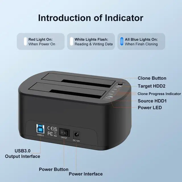 Alt view image 4 of 7 - External Hard Drive Docking Station with Offline Clone for 2.5/3.5" SATA HDD/SSD, 5Gbps with UASP, 48TB Capacity, Dual Bay USB 3.0 to SATA Adapter Duplicator