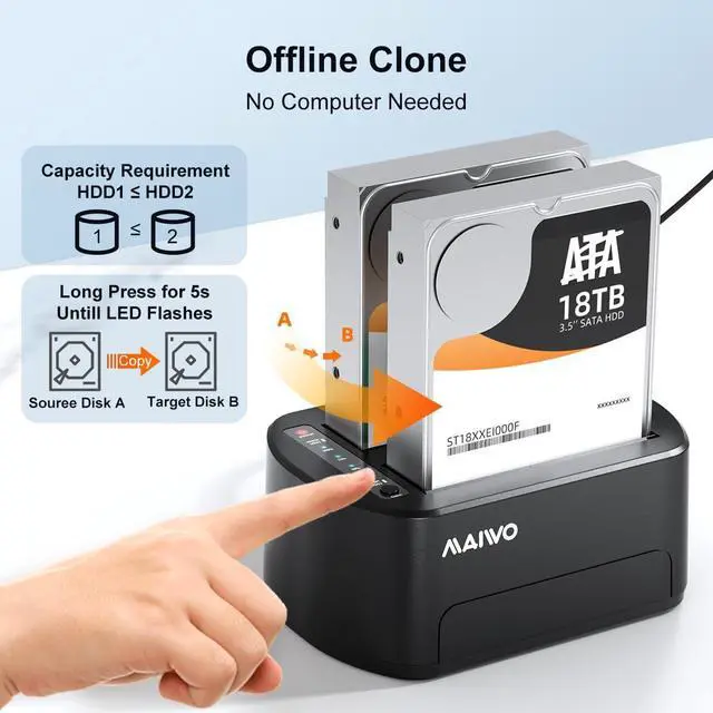 Alt view image 3 of 7 - External Hard Drive Docking Station with Offline Clone for 2.5/3.5" SATA HDD/SSD, 5Gbps with UASP, 48TB Capacity, Dual Bay USB 3.0 to SATA Adapter Duplicator